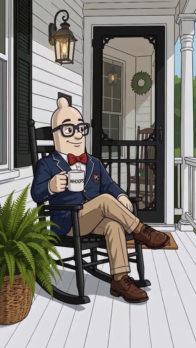 Professor Condom with his WHOOPS mug on the porch